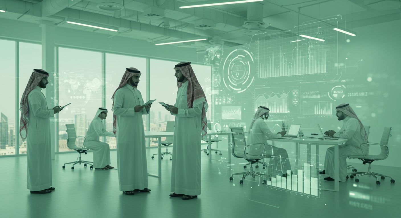 فريق سعودي محترف يعمل بلوحات بيانات مالية رقمية — الخبرة المالية تلتقي بالتقنية